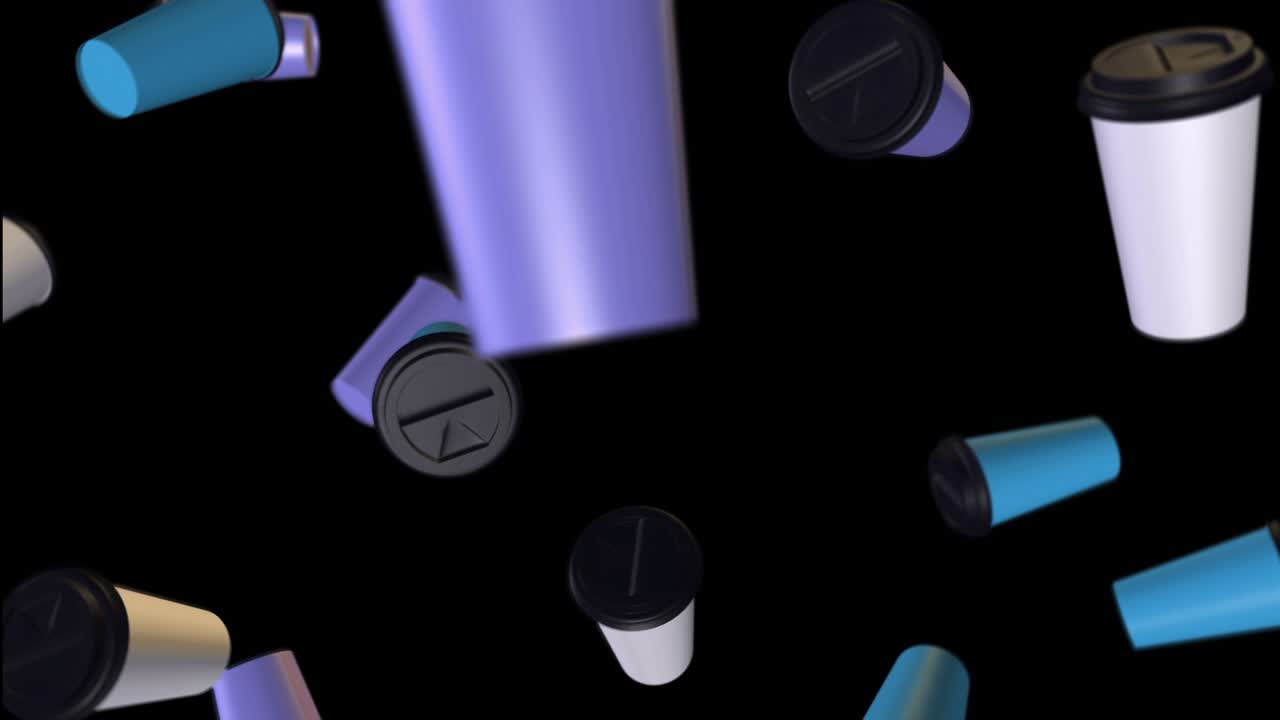 fondo de tres tazas de café de colores. representación abstracta en 3d con luces brillantes y sombras. cíclico. giran en gravedad cero. aislado. sin fondo. el canal alfa. azul púrpura