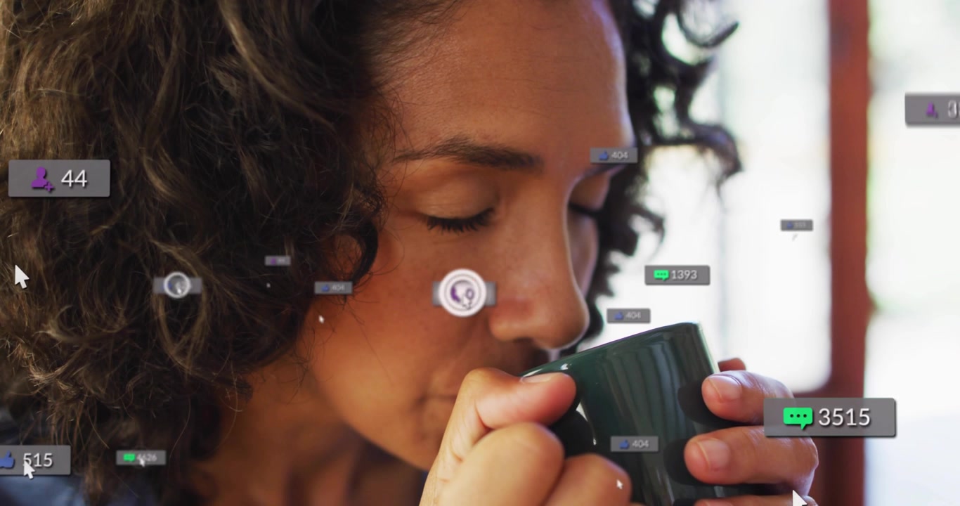 Woman Drinking Coffee with Social Media Notifications Appearing