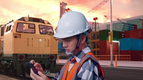 engineer using smartphone at train and cargo port