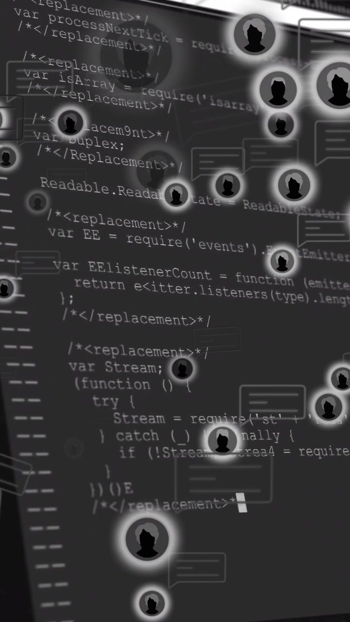 Animation of chat bubbles and silhouettes over computer code in school setting