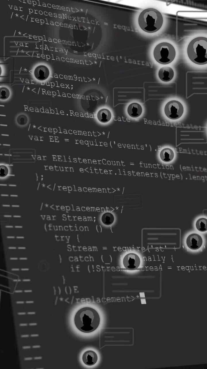 Animation of chat bubbles and silhouettes over computer code in school setting