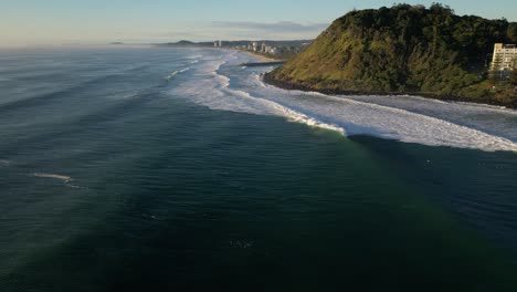 Wide-circling-aerial-over-Burleigh-Heads,-Gold-Coast,-Australia