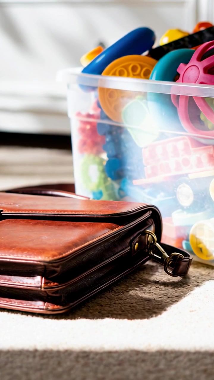 Vertical video: Entering adult hand reaching pink wheel from toy bin on rug, purse left, copy space