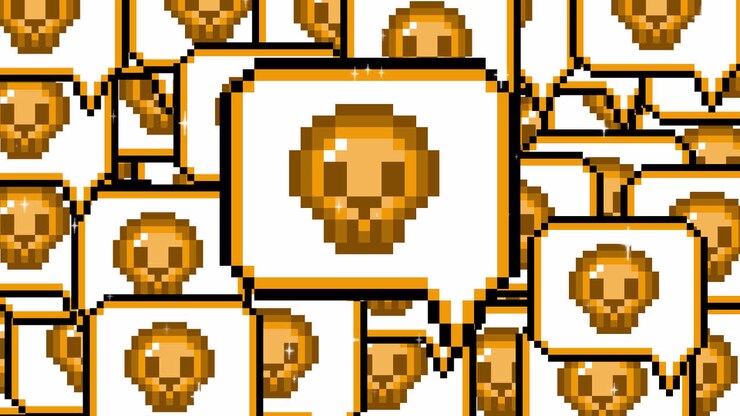 Icona di fumetto pop-up pixel art teschio Transizioni. 1080p - 30 fps - Canale Alpha (8).mov