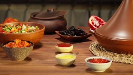 moroccan cuisine. tajine, traditional dish made of lamb and eggplant, vegetable salad. middle eastern culture. couscous with mutton close-up, delicious rice. homemade food.