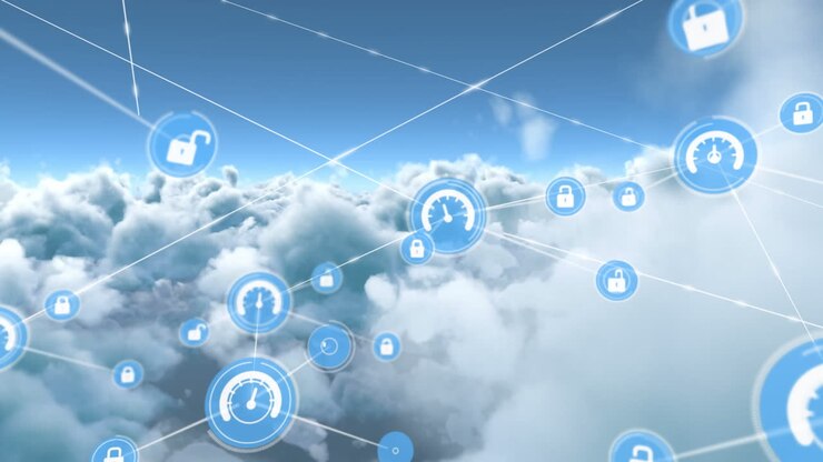 Animation of network of connections with icons over sky with clouds