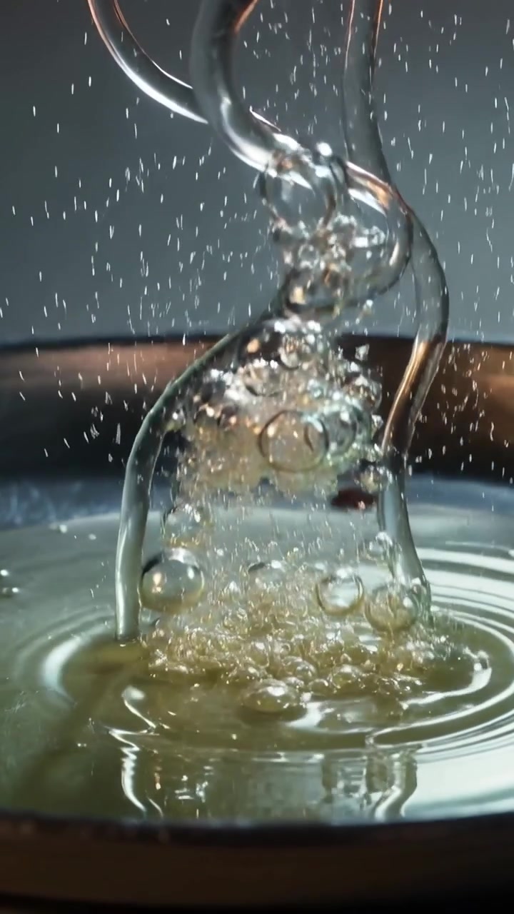 Video verticale: Punte metalliche che affondano in una coppa dell'olio, formando un tubo di liquido che sale con bolle
