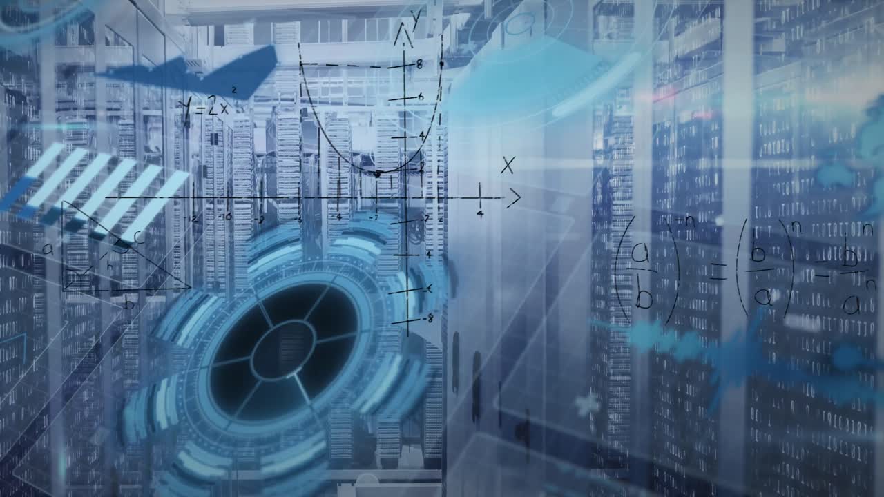 animación del procesamiento de datos, fórmulas matemáticas y círculo de procesamiento sobre servidores.