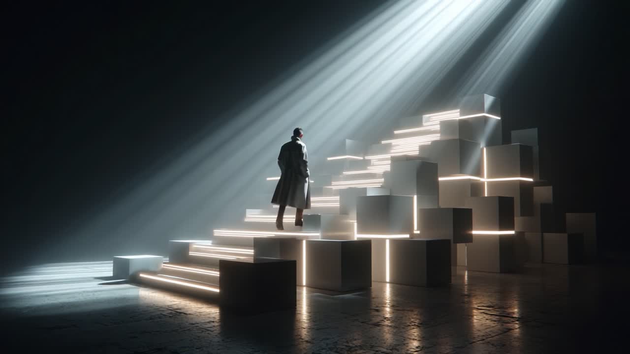 A man climbing stairs made of boxes under a spotlight