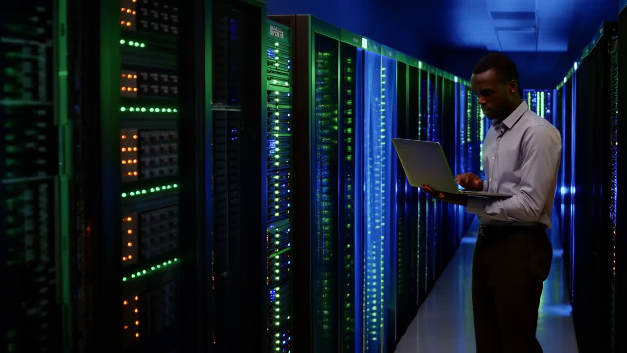 hombre trabajando en una sala de servidores