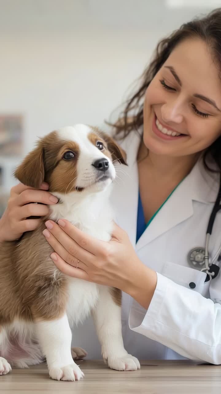 Vertical video: Cupping vet holding puppy at clinic calming for exam with lab coat and stethoscope
