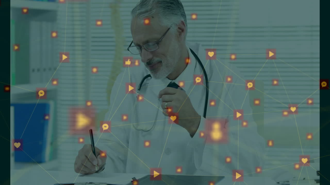 소셜 미디어 아이콘과 연결 애니메이션으로 의사 글쓰기 메모