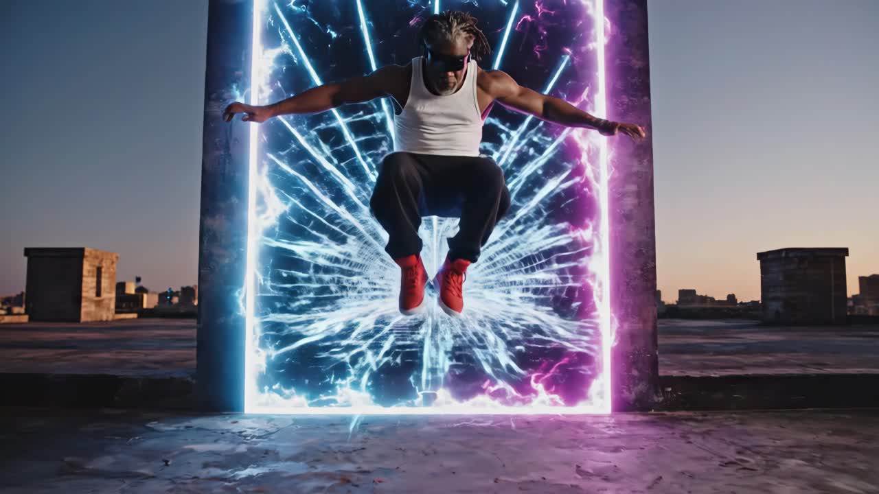Man Jumping Through a Futuristic Neon Portal