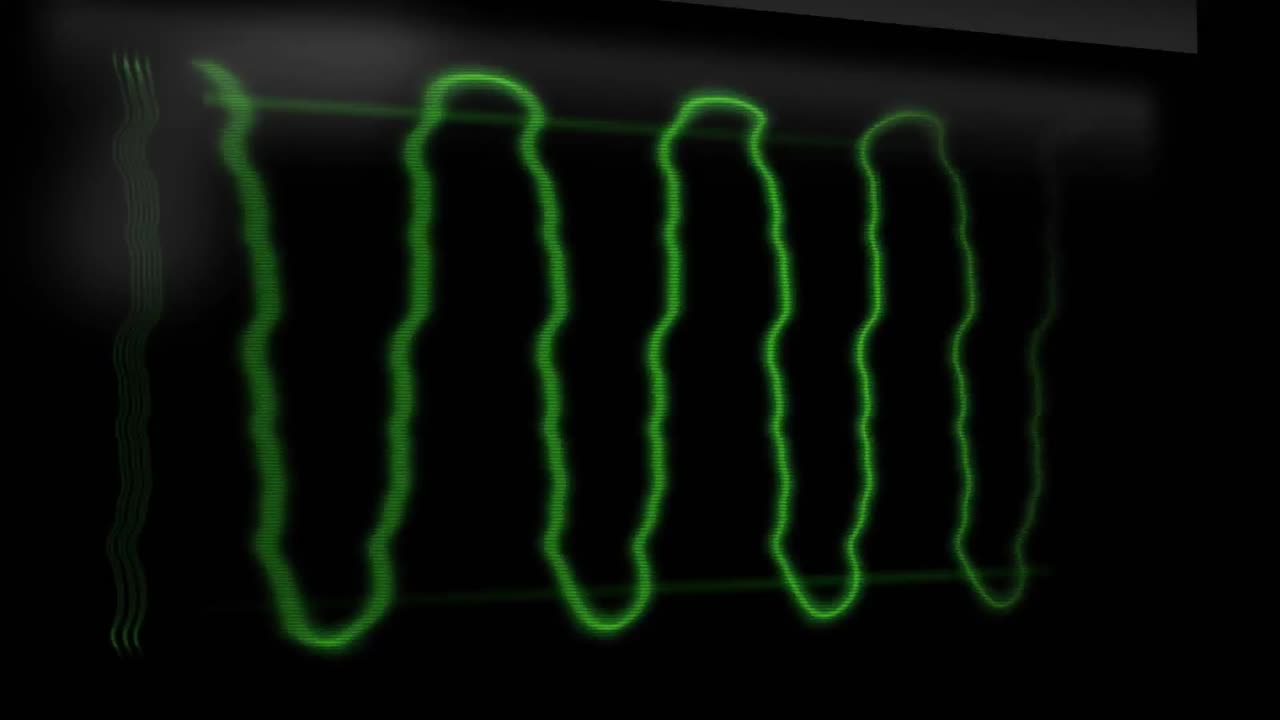 Animation of green oscillation wave and interference on black background