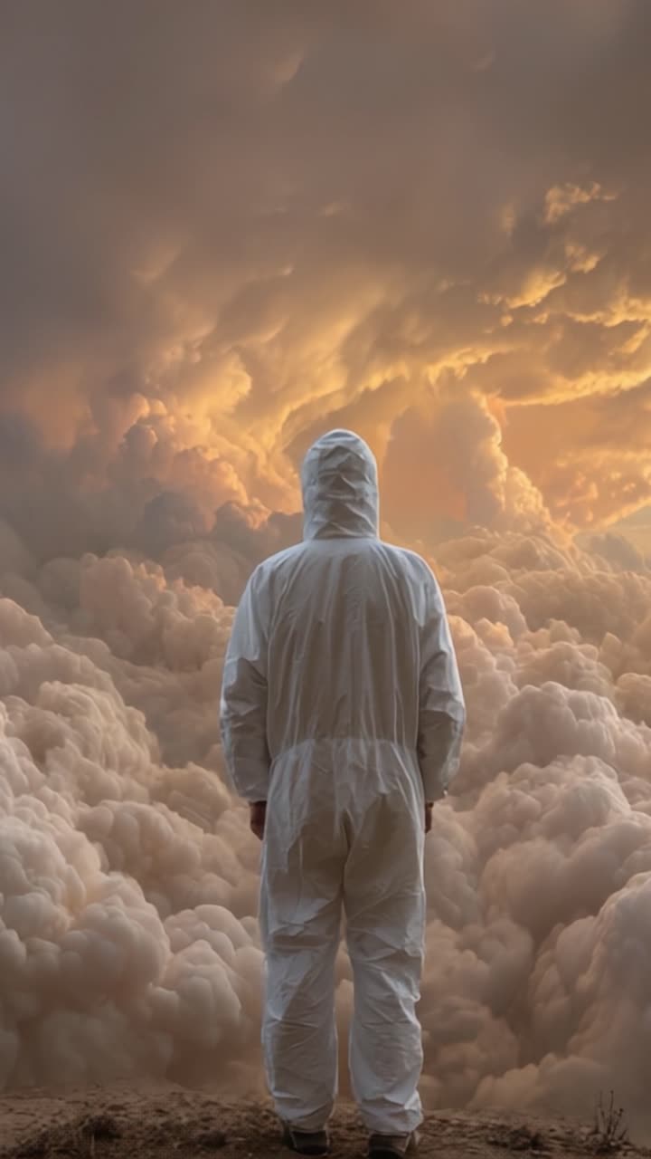 Una figura in tuta protettiva si erge tra nuvole vorticose, contemplando un cielo drammatico e illuminato, evocando sentimenti di meraviglia, esplorazione e l'ignoto