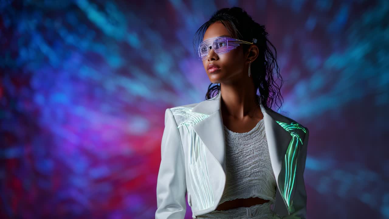 A Stunning Model Exuding Confidence and Style in a Fashionable Outfit with Futuristic Glasses Against a Vibrant, Colorful Background that Evokes a Sense of Modern Art and Aesthetic Appeal