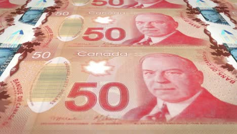 banknotes of fifty canadian dollars of the bank of canada rolling on screen, coins of the world, cash money, loop