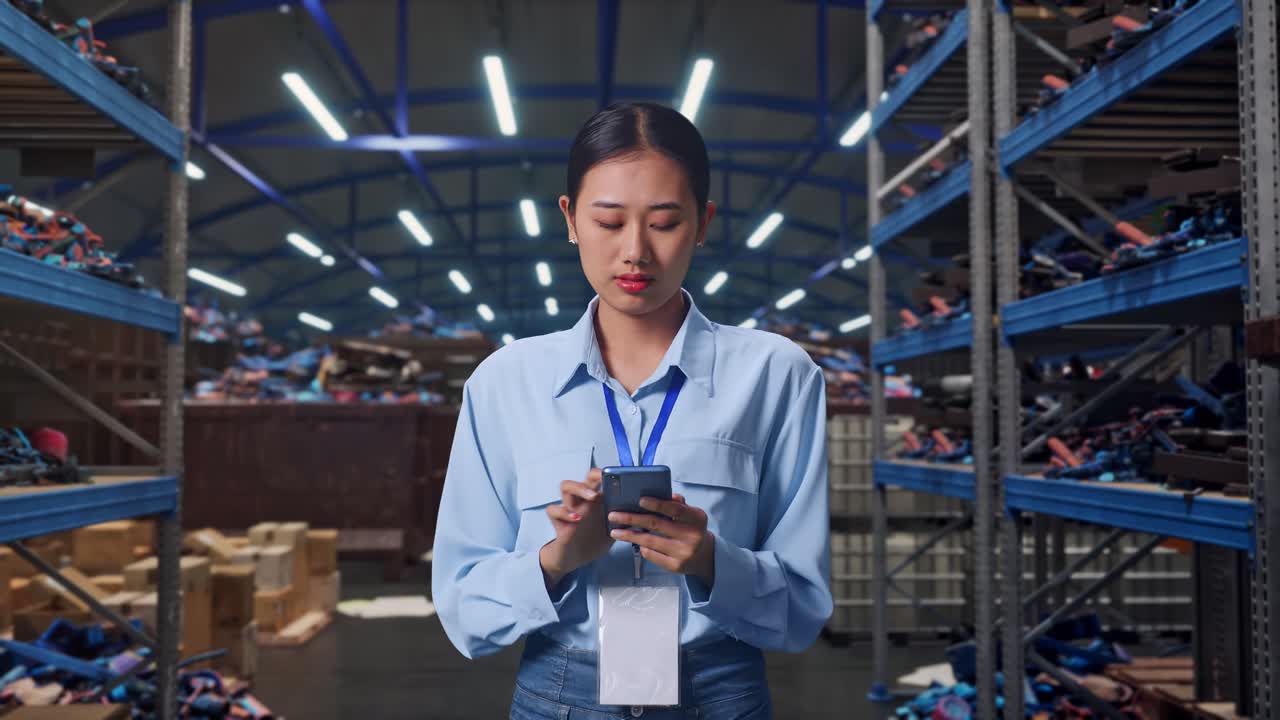 Asian Female With Her Smarphone, Industrial Scrap Metal and Recycling Warehouse, She Observes By Looking Around Before She Come To Concentrating With Her Smarphone