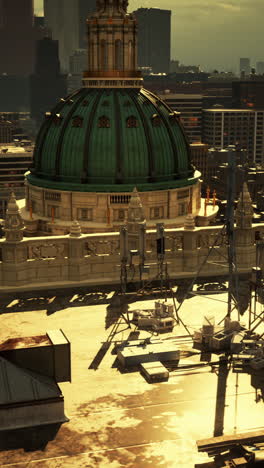 aerial view of a cityscape with a dome building