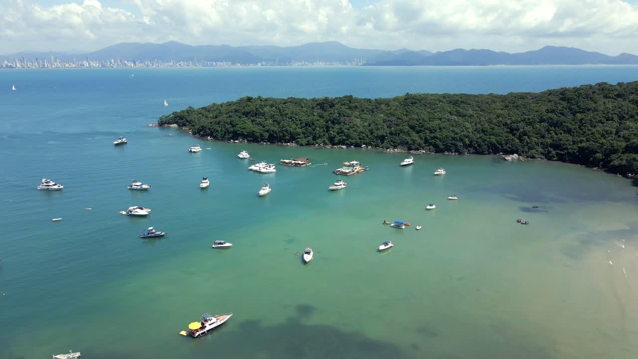Tropical Protected Beach With Charter Boats In Caixa D'Aco In Porto Belo, Santa Catarina, Brazil. Aerial Drone Shot
