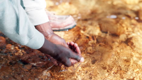 hands cupping and playing with water in a stream