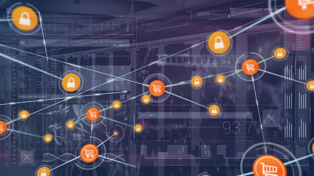 Animated network of shopping carts, lock icons connecting with lines against statistic data