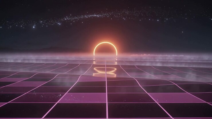 Semicerchio al neon che si alza formando anelli concentrici su un orizzonte a griglia viola, per un'alba in stile retrò