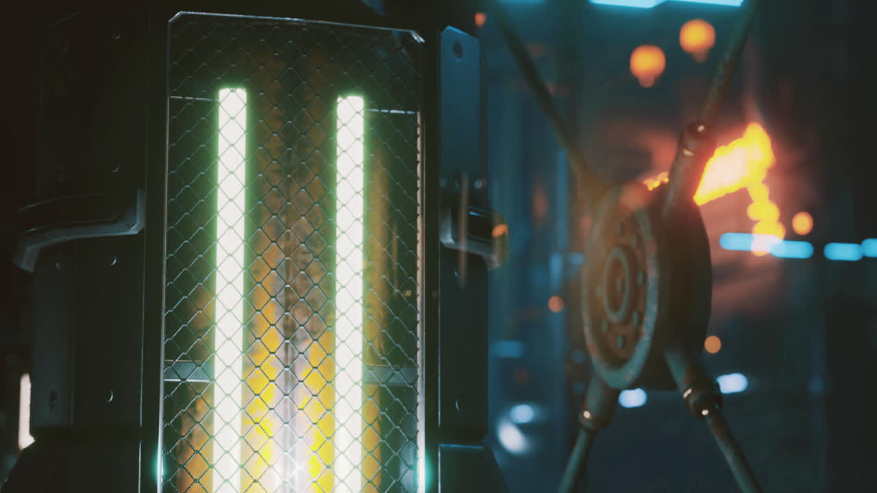 Exploring an industrial setting with neon lights and mechanical structures