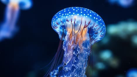 colorful jellyfish in the ocean. a vibrant jellyfish with blue spots gracefully swims through dark ocean waters, showcasing its translucent beauty.