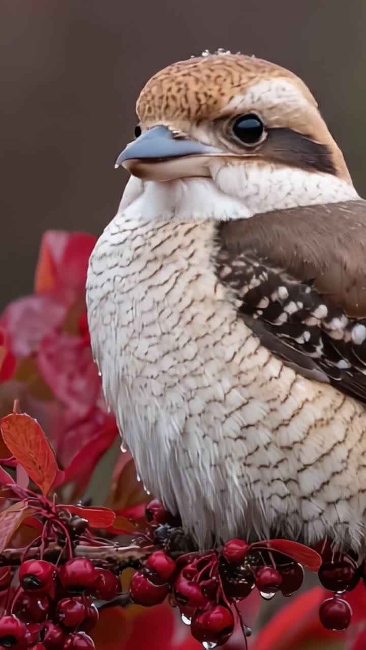 Un bellissimo primo piano di un Kookaburra posato su vivaci bacche rosse, che mostra le sue trame e i suoi motivi unici, mentre luccica per le goccioline di pioggia.