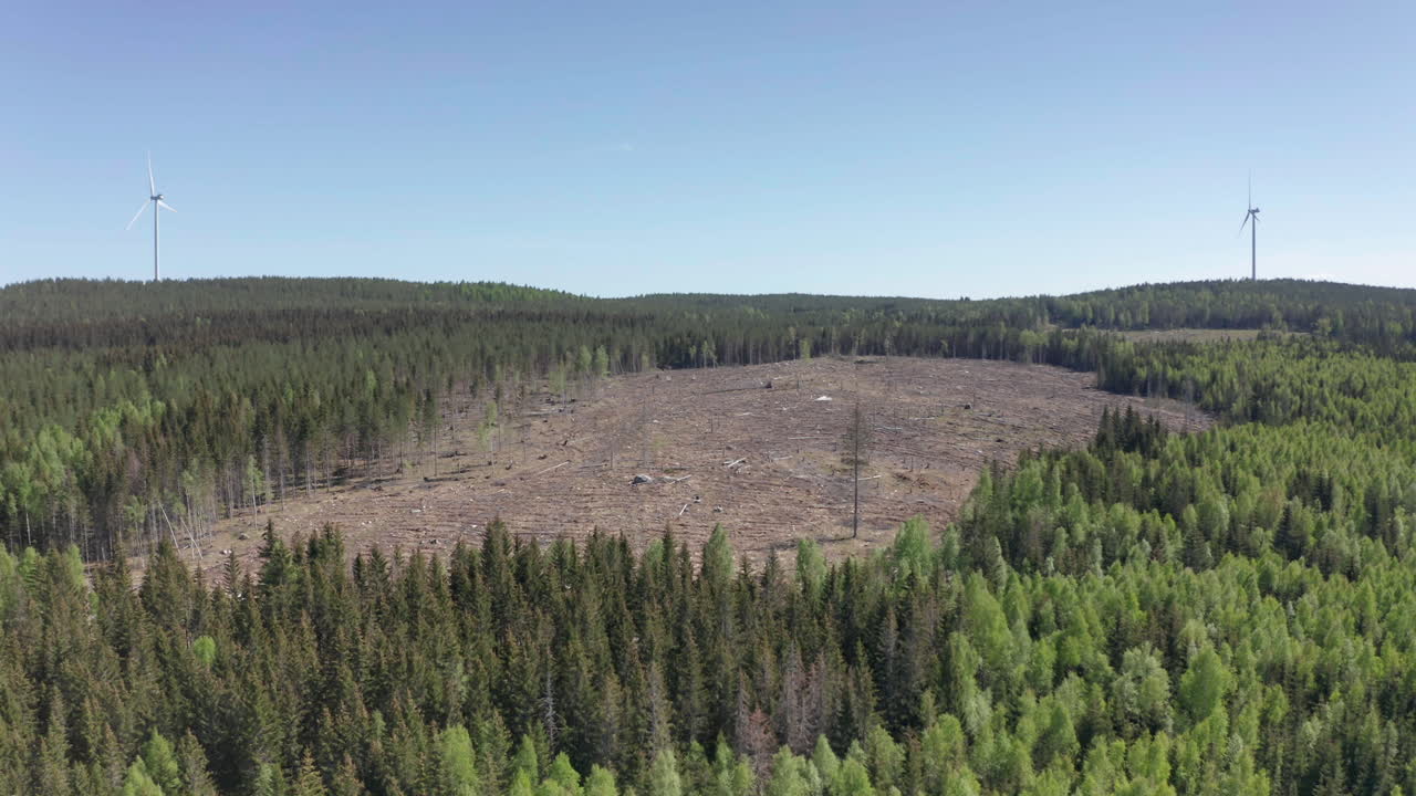 Tract of land laid bare by commercial logging activity in Sweden, aerial