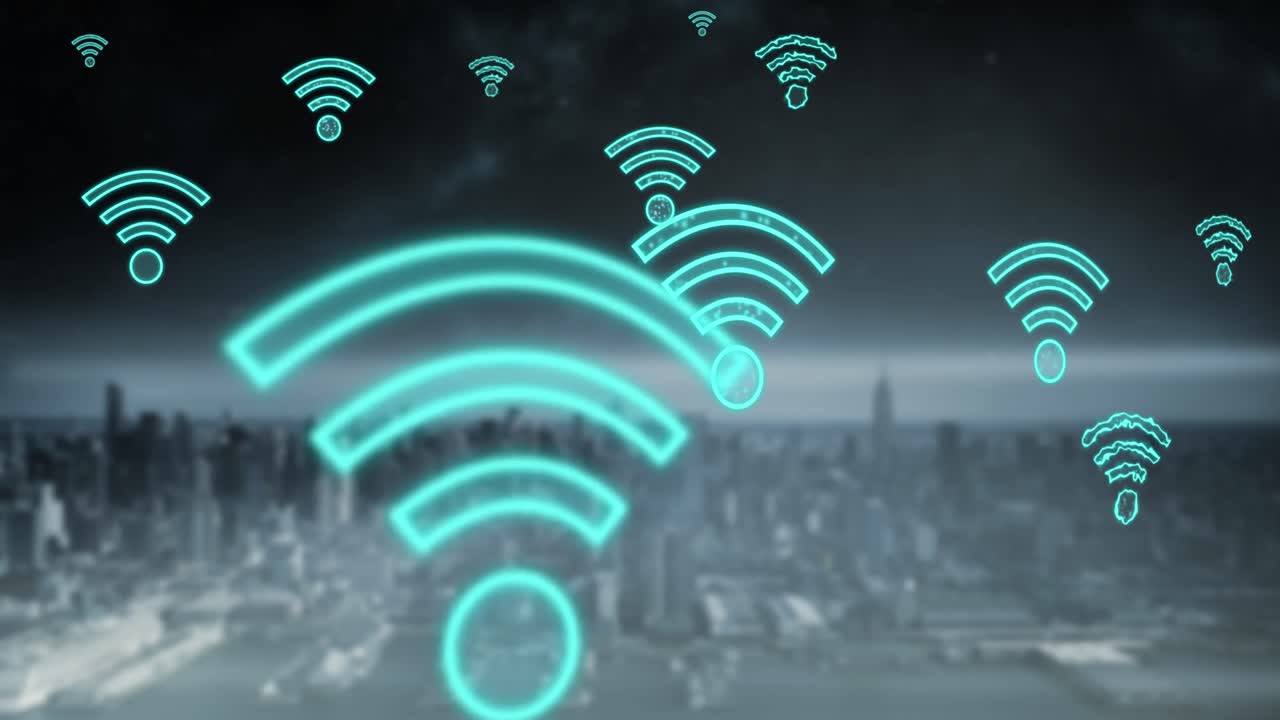 animación de iconos wifi digitales que vuelan sobre el paisaje urbano