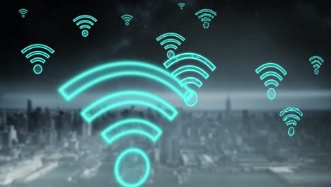 Animación-De-Iconos-Wifi-Digitales-Volando-Sobre-El-Paisaje-Urbano