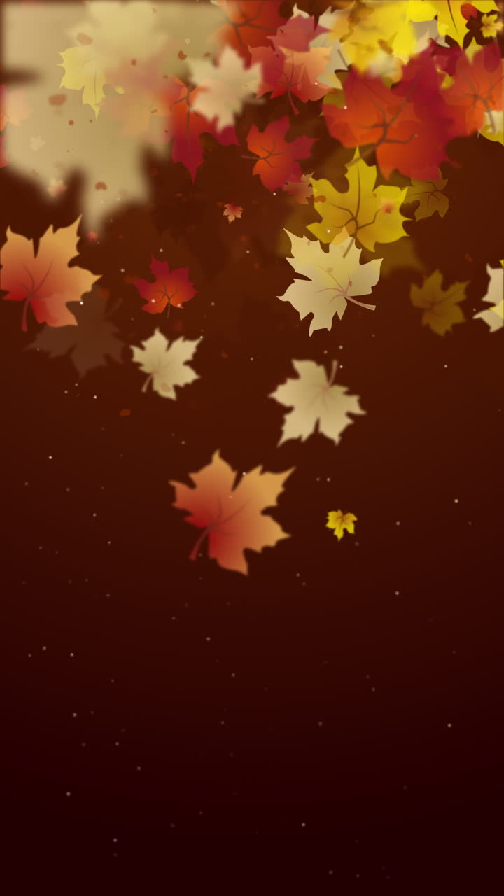 Autumn brown background with leaf fall. Thanksgiving and Harvest Day. Maple leaves border and bokeh. Loop animation. Vertical video.
