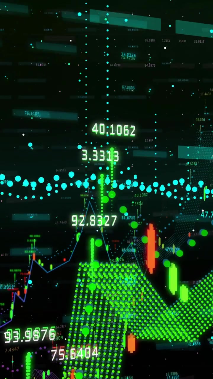 Animation of financial data processing over dark background