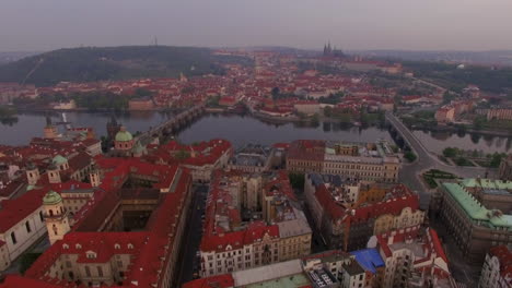 prague city view and vltava river aerial shot