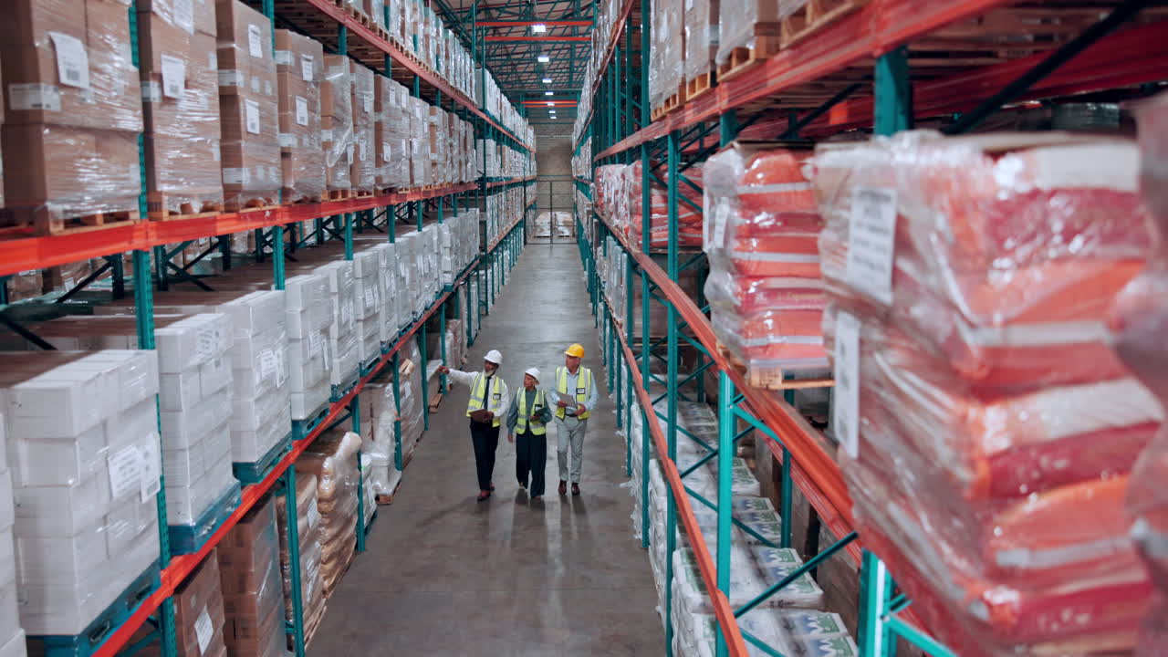 Team of Managers Walking and Inspecting Stock in a Large Warehouse