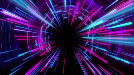 Animation-of-neon-shapes-and-tunnel-of-glowing-light-trails-of-data-transfer