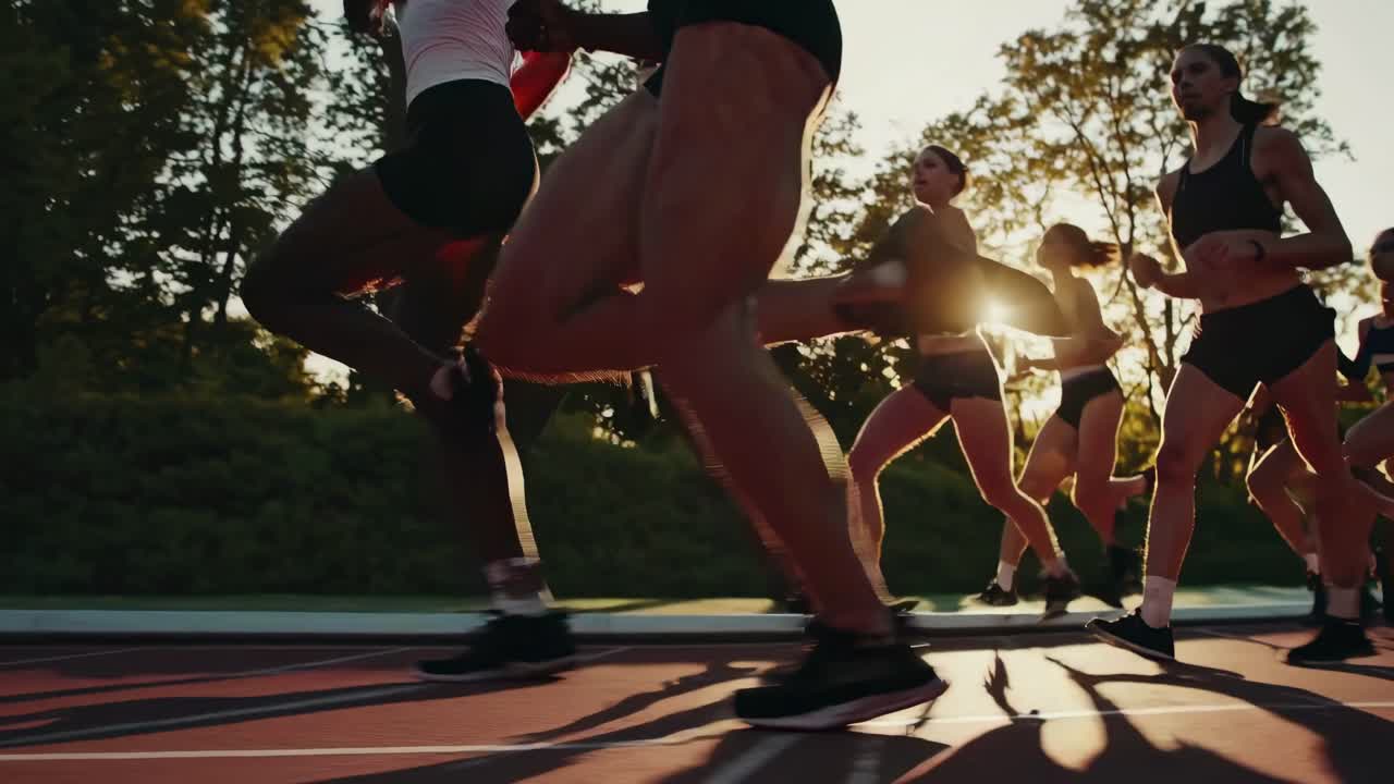 Video dinamico dal basso che riprende un gruppo di corridori su una pista al tramonto, evidenziando il movimento