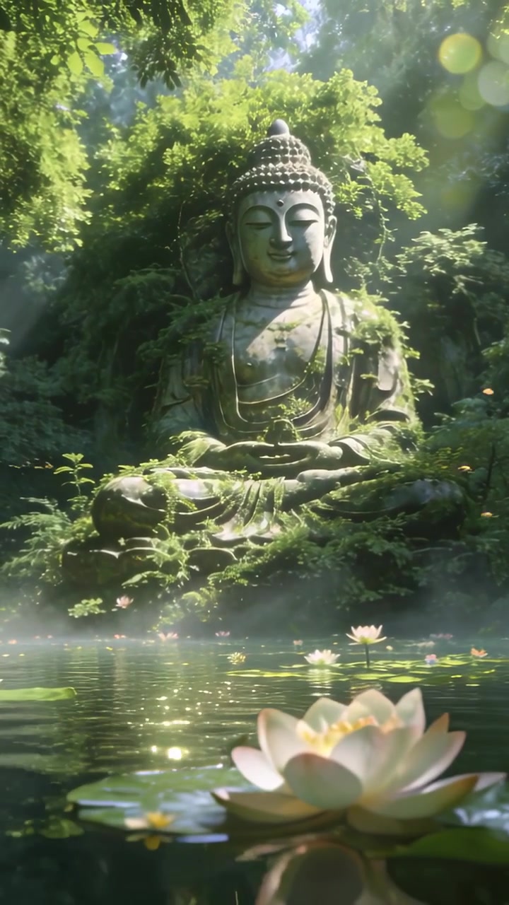 Video verticale: Telecamera che scorre su dolly verso una grande statua di Buddha in pietra presso uno stagno nella foresta, mostrando il loto.
