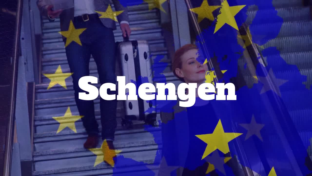 texto de schengen sobre estrellas amarillas y mapa de la ue contra las personas que usan escaleras mecánicas