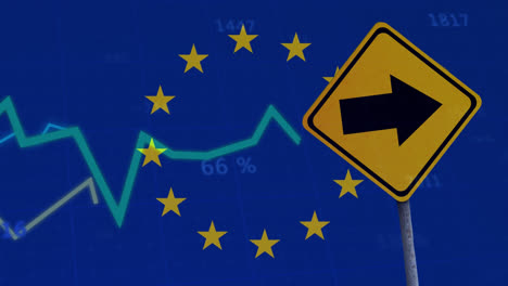 animation of financial data processing over road sign and flag of eu