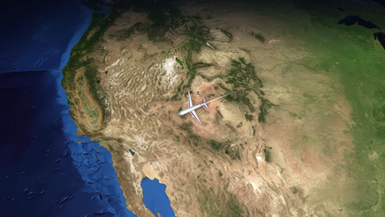 Satellite view animation follows an airplane flying from Toronto across the globe to Melbourne