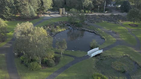 Botanischer-Garten-Mit-Teich-Voller-Enten-Und-Gänsen,-Schatten-Von-Bäumen-Bei-Sonnenuntergang,-Luftaufnahmen