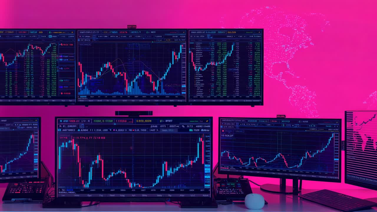 Displaying six-monitor trading station updating candlestick charts against pink wall with keyboard