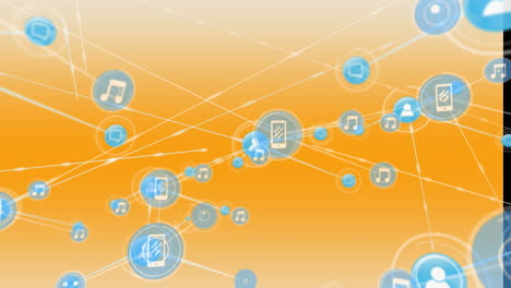 animación de una red de iconos digitales contra un fondo de gradiente amarillo