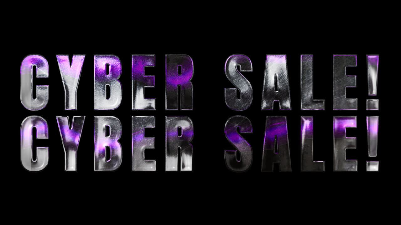 Animated Metallic Cyber Sale Text with Purple Reflection on Black Background