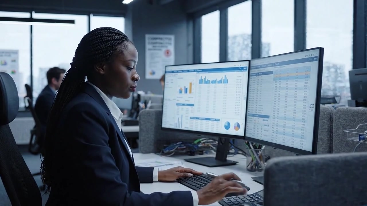 Focused Business Professional Analyzing Data and Charts on Dual Monitors in Modern Office Environment Reflecting Productivity and Critical Thinking Skills