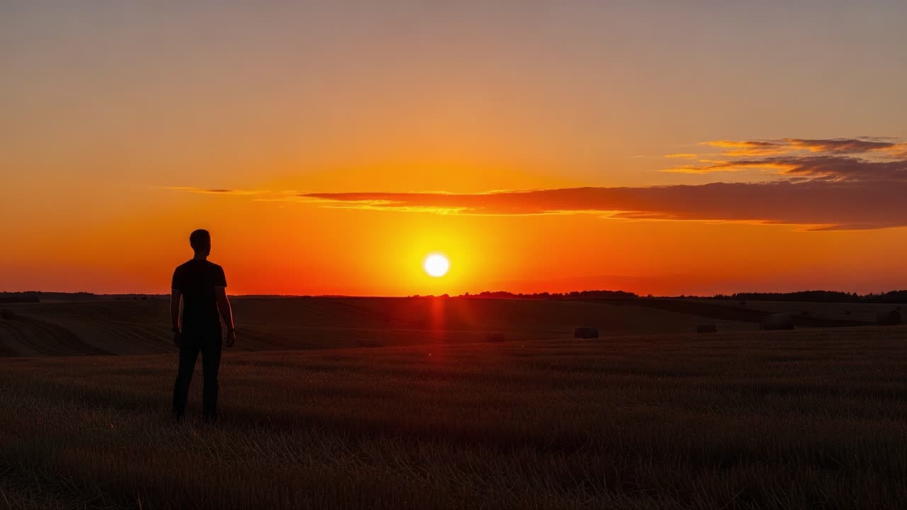 A solitary figure stands in a vast field at sunset, silhouetted against a vibrant orange sky, capturing the tranquil beauty of nature and the day's end
