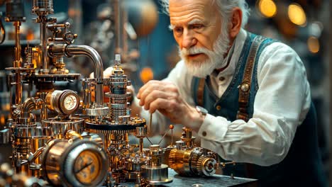 elderly craftsman working intently on intricate clock machinery